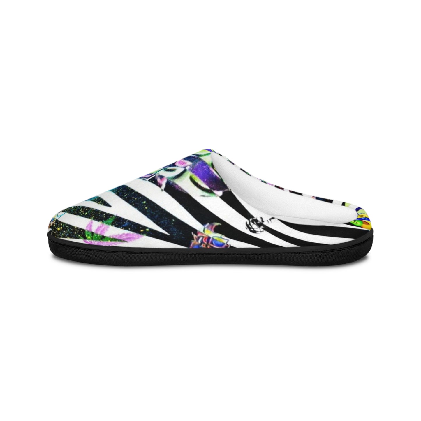 "Ungodly Zebras" Women’s Indoor Slippers — Colorful Striped Floral Cozy House Shoes