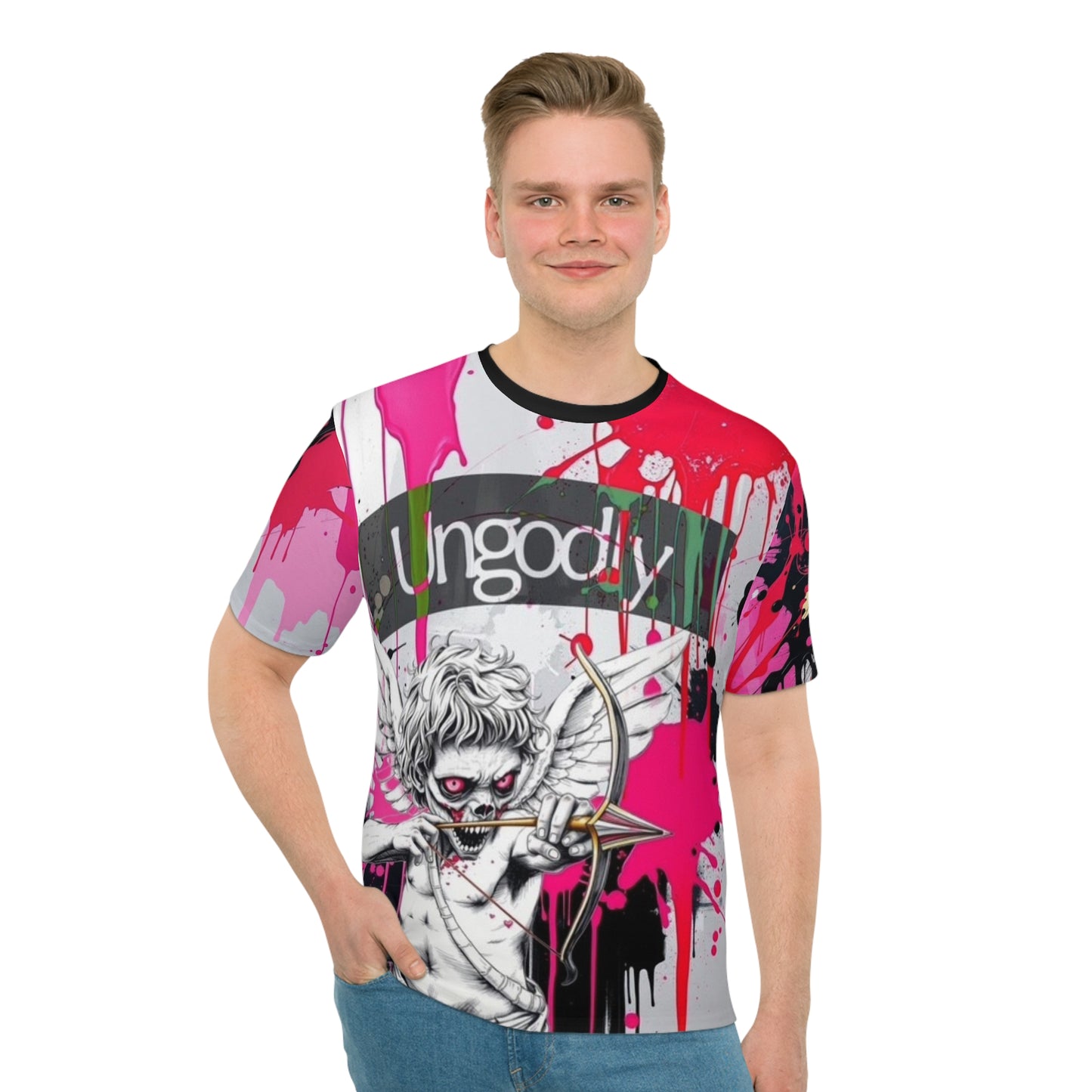 Ungodly Cupid Graphic T‑Shirt — Pink Drip All‑Over Print