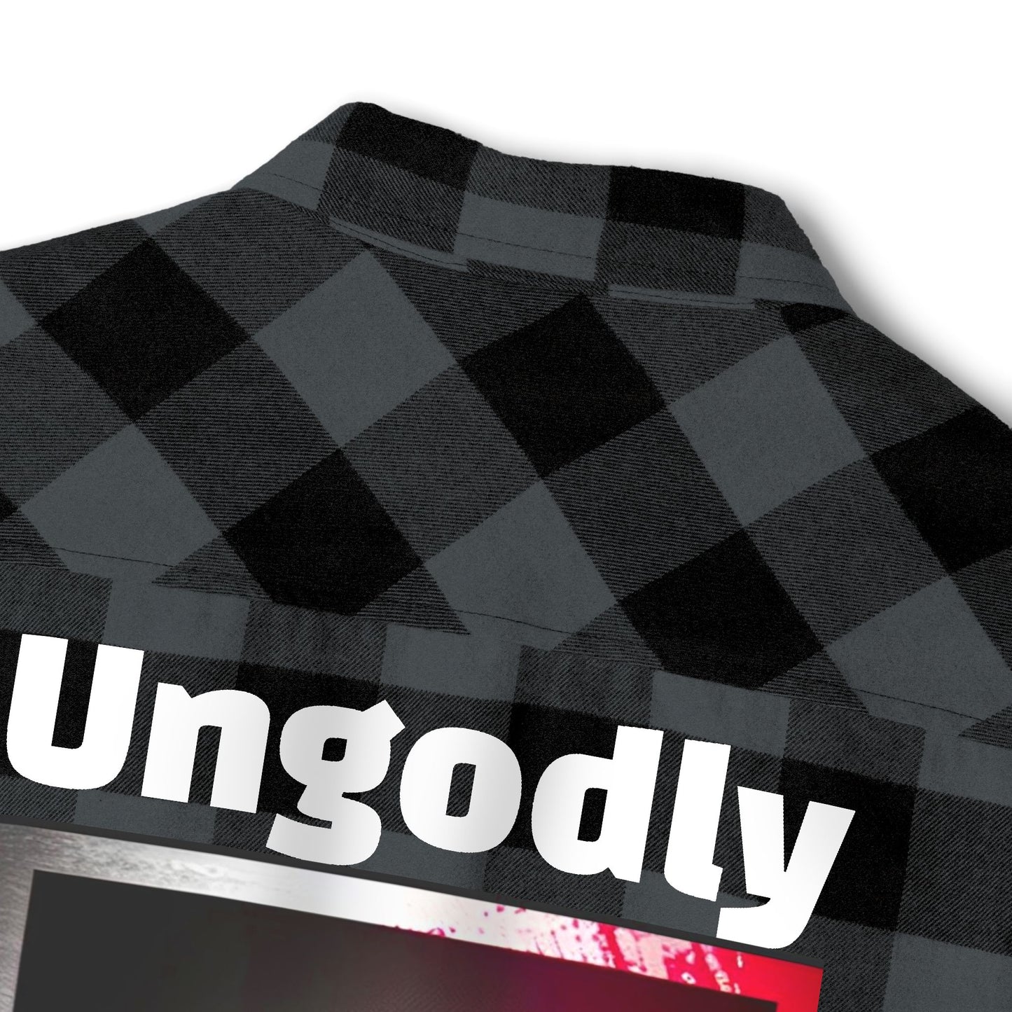 "Ungodly Apparel" Unisex Flannel Shirt, Cozy Layering Shirt, Casual Style, Outdoor Adventure Clothing, Graphic Design Shirt, Gift for Him/Her