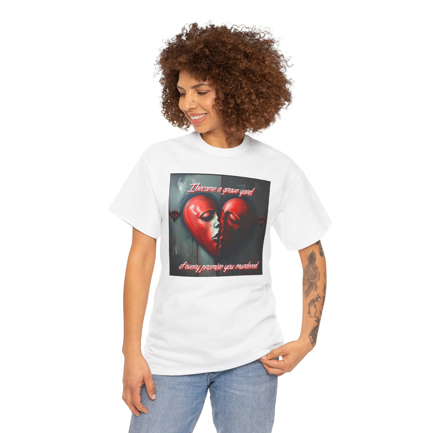 Heartbreak Unisex Heavy Cotton Tee - "I Became a Graveyard to Every Promise You Murdered" Graphic T-Shirt