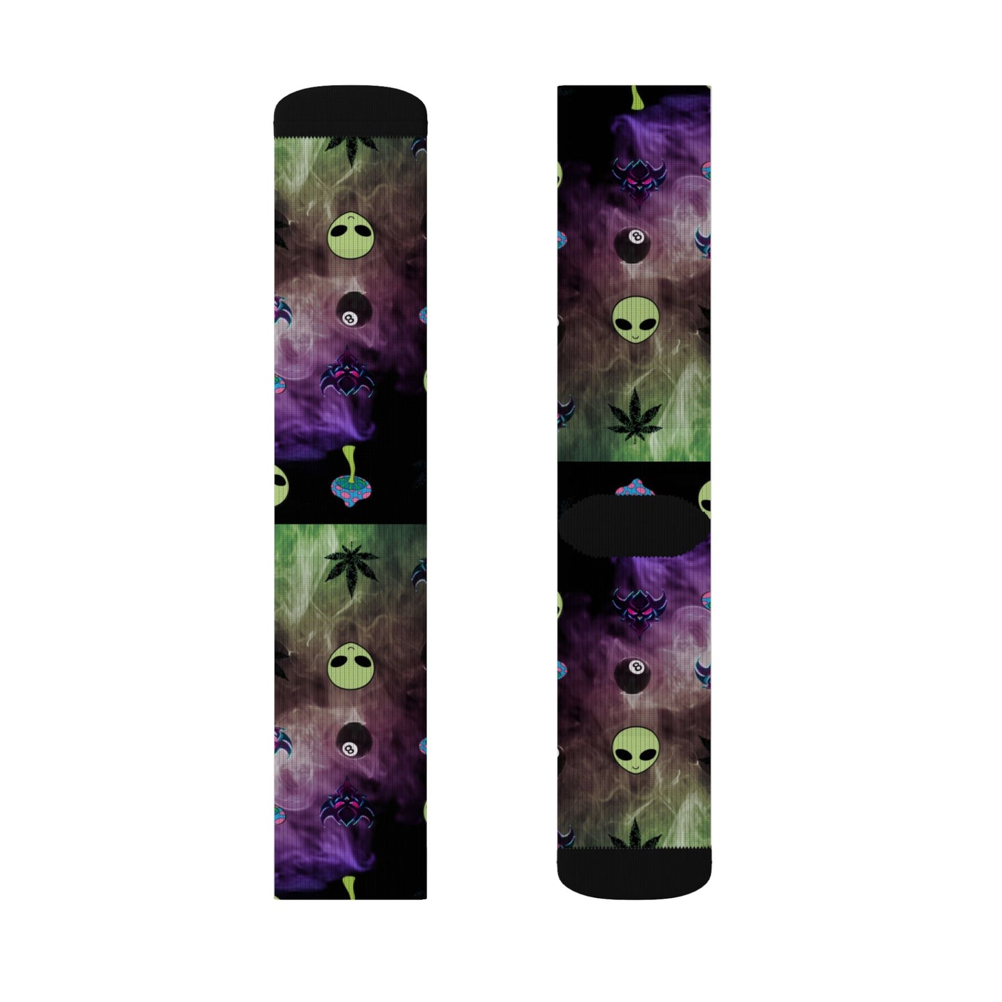 Alien Galaxy Sublimation Socks — Psychedelic UFO & Cannabis Pattern Crew Socks