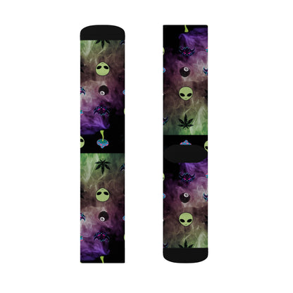Alien Galaxy Sublimation Socks — Psychedelic UFO & Cannabis Pattern Crew Socks
