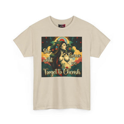 Inspirational Unisex Heavy Cotton Tee - "She Grows What We Forget to Cherish"