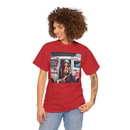 "Free Candy" Street Art Unisex Heavy Cotton Tee, Casual Graphic Shirt, Vintage Style Tee, Unique Gift, Urban Wear, Art Lover Apparel