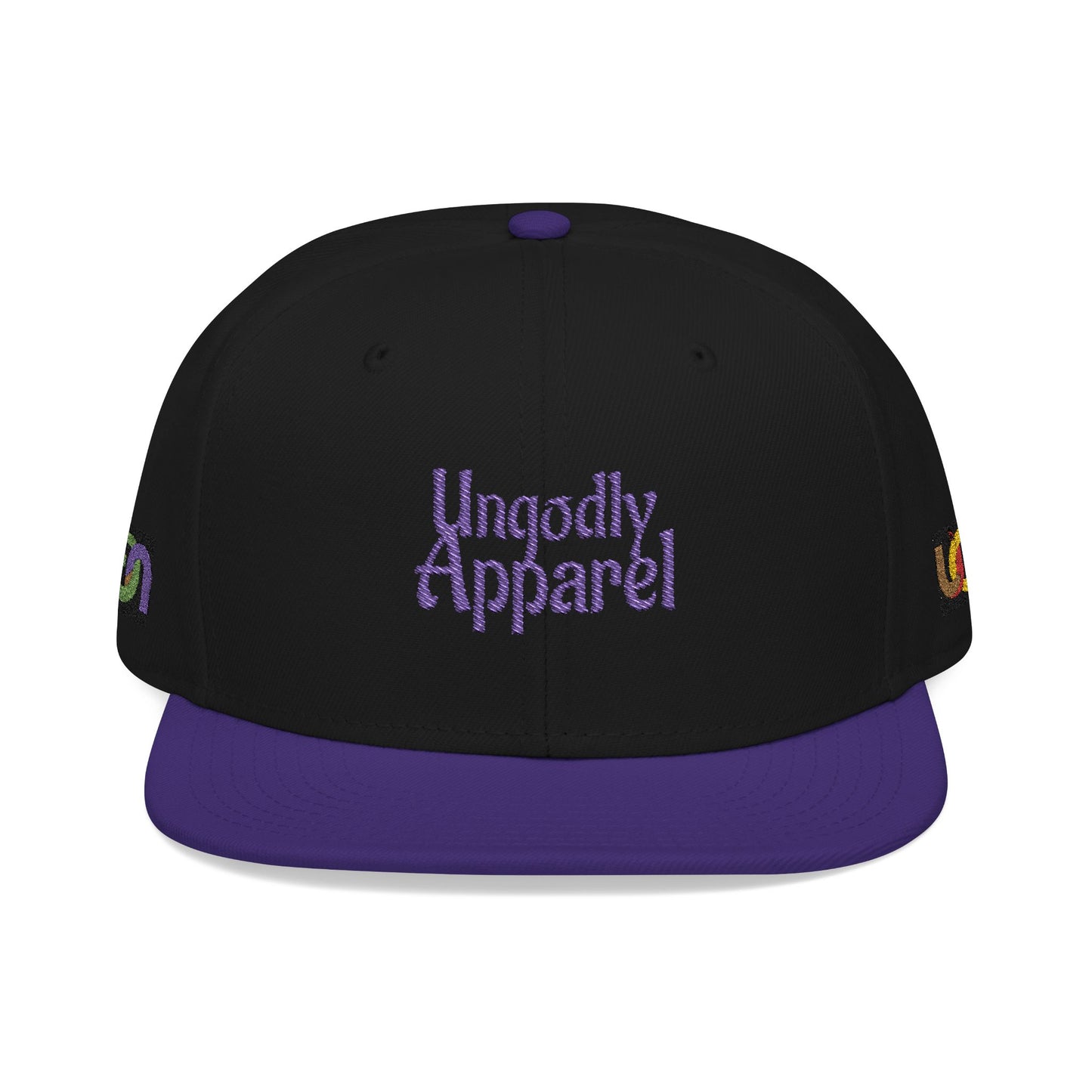 Embroidered Snapback Hat — 'Ungodly Apparel' Purple Script