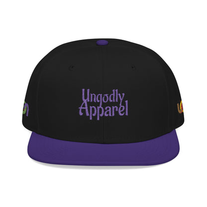Embroidered Snapback Hat — 'Ungodly Apparel' Purple Script