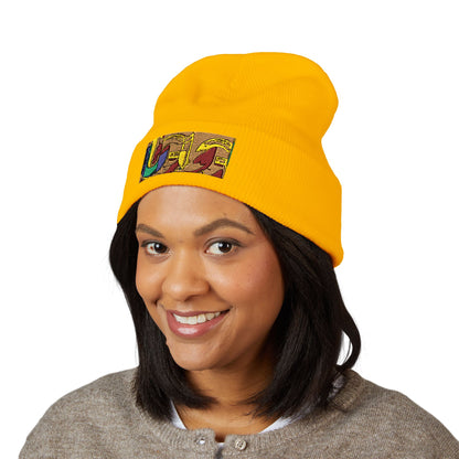 Gold Ungodly Pattern Embroidered Colorblock Abstract Cuffed Beanie