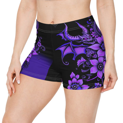 Gothic Floral Women's "Chill of Darkness" Shorts - Purple Bat Design