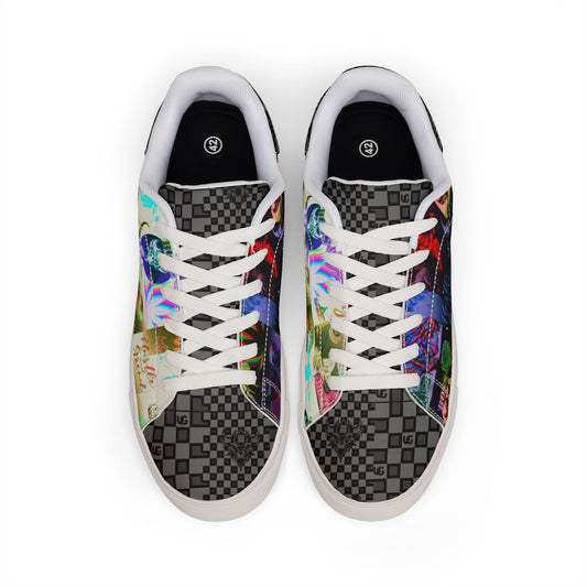 Low-Top Leather Sneakers — Colorful Retro Pop Art Checkered Design