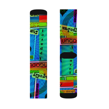 Ungodly Apparel Retro Vaporwave Sublimation Socks — Colorful 90s Cassette & Pixel Art Crew Socks
