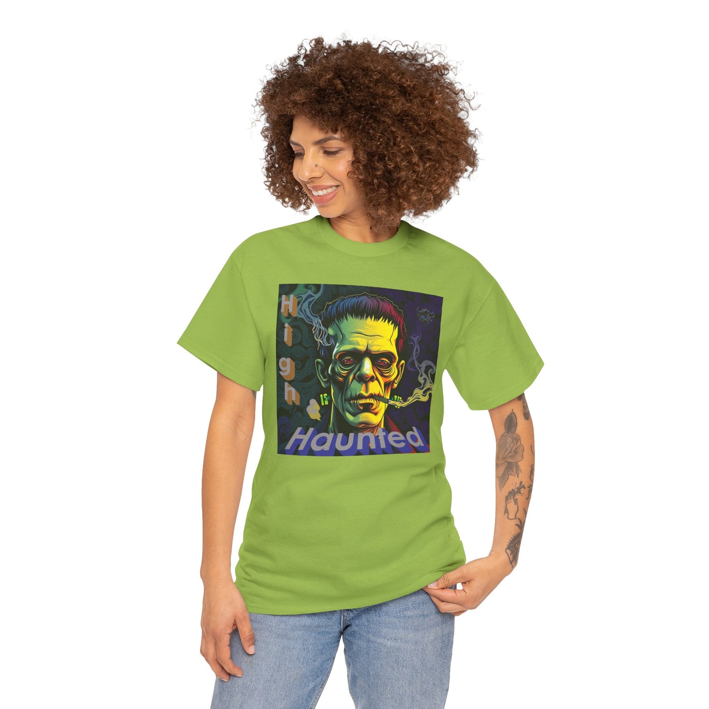 "High and Haunted" Frankenstein Tee, Unisex Graphic Shirt, Halloween Apparel, Spooky Gift, Horror Movie Merchandise, Party Outfit