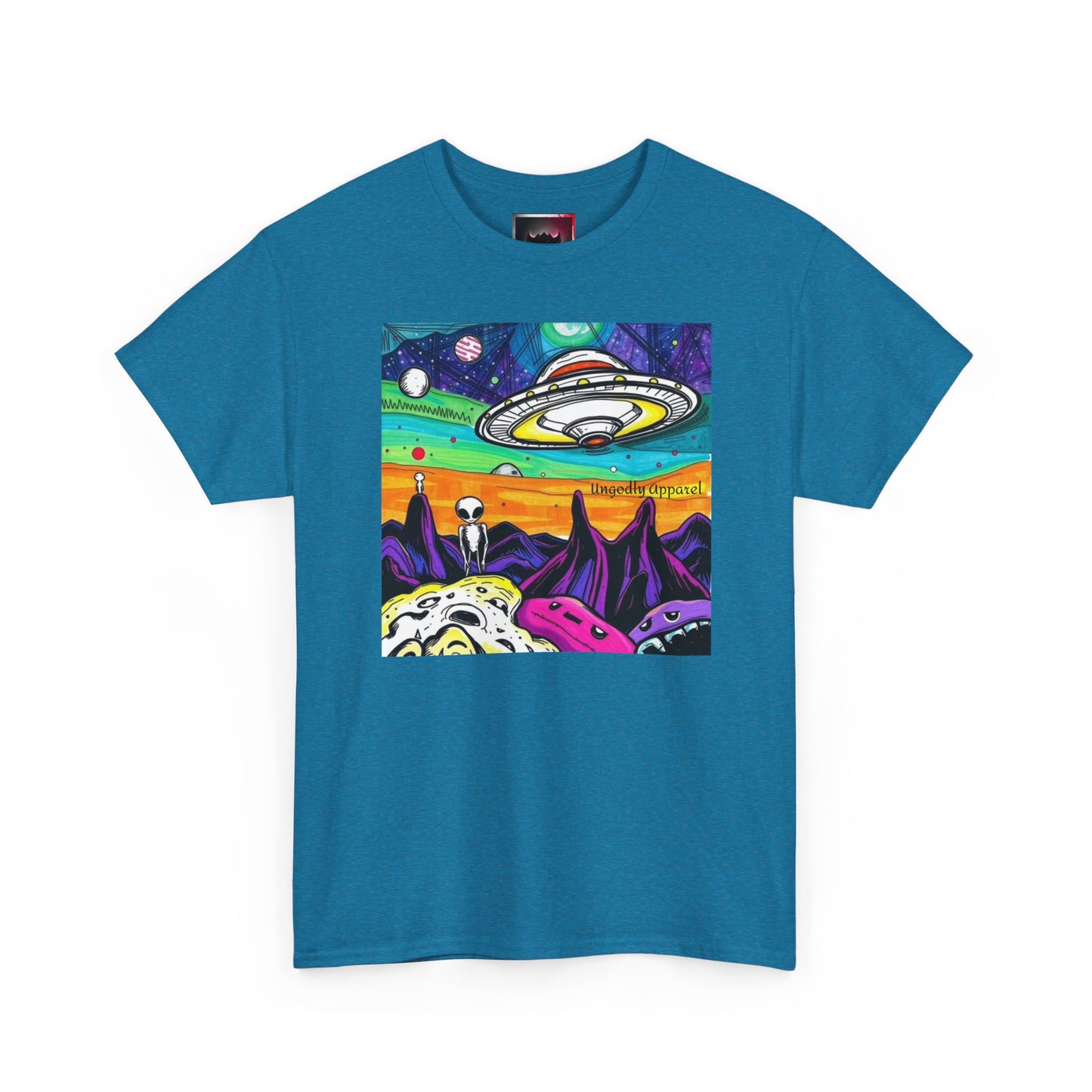 UFO Retro Alien Landscape T-Shirt — Colorful Space Art Tee