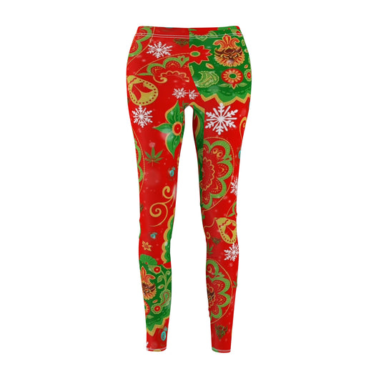 Festive Floral Paisley Ungodly Christmas Trees Leggings — Red & Green Holiday Print