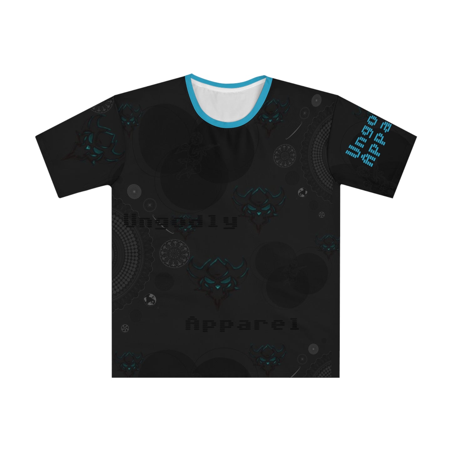 Men's All-Over Print Graphic Tee — Dark Tech Skull Pattern with "Ungodly Apparel" Sleeve