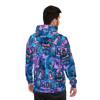 "Ungodly Tarot" All-Over Print Retro Collage Athletic Unisex Hoodie — Neon Purple & Teal Streetwear