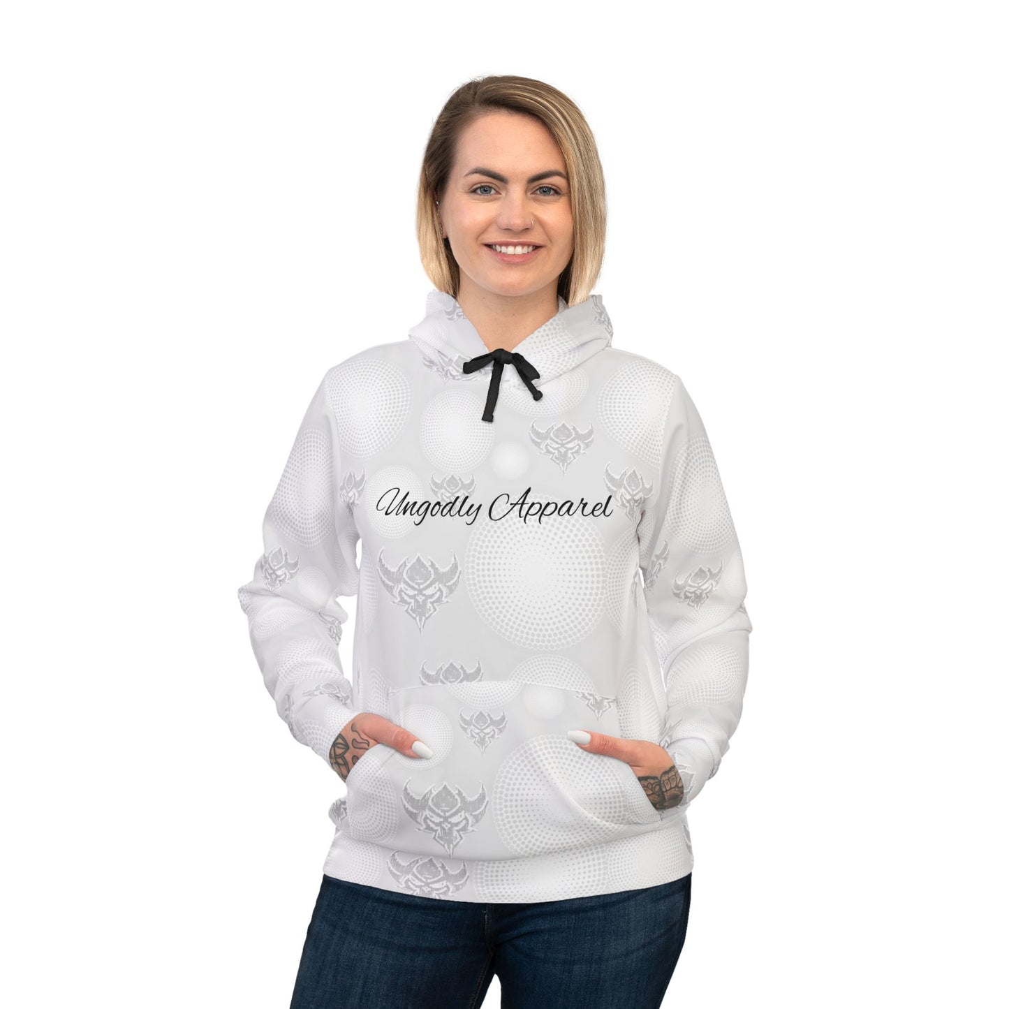 Snow White Polka Glow Unisex Athletic Hoodie — Ungodd Apparel All-Over Print