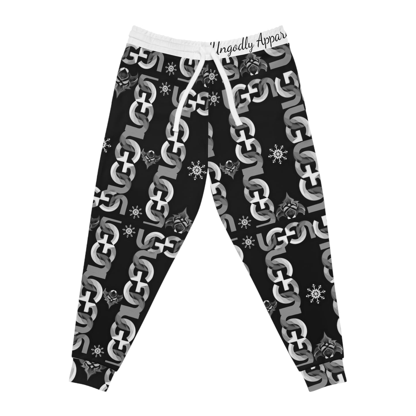 Ungodly Chain Pattern Athletic Joggers — Black & White All-Over Print