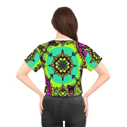 "Ungodly Purple and Green Paisley" Vibrant Mandala Crop Tee, Colorful AOP T-Shirt, Boho Summer Top, Festival Wear, Trendy Statement Piece
