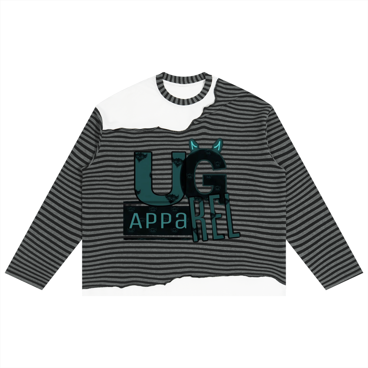 "UG Apparel Teal Font" Unisex Striped Panel Boxy Long Sleeve T-Shirt