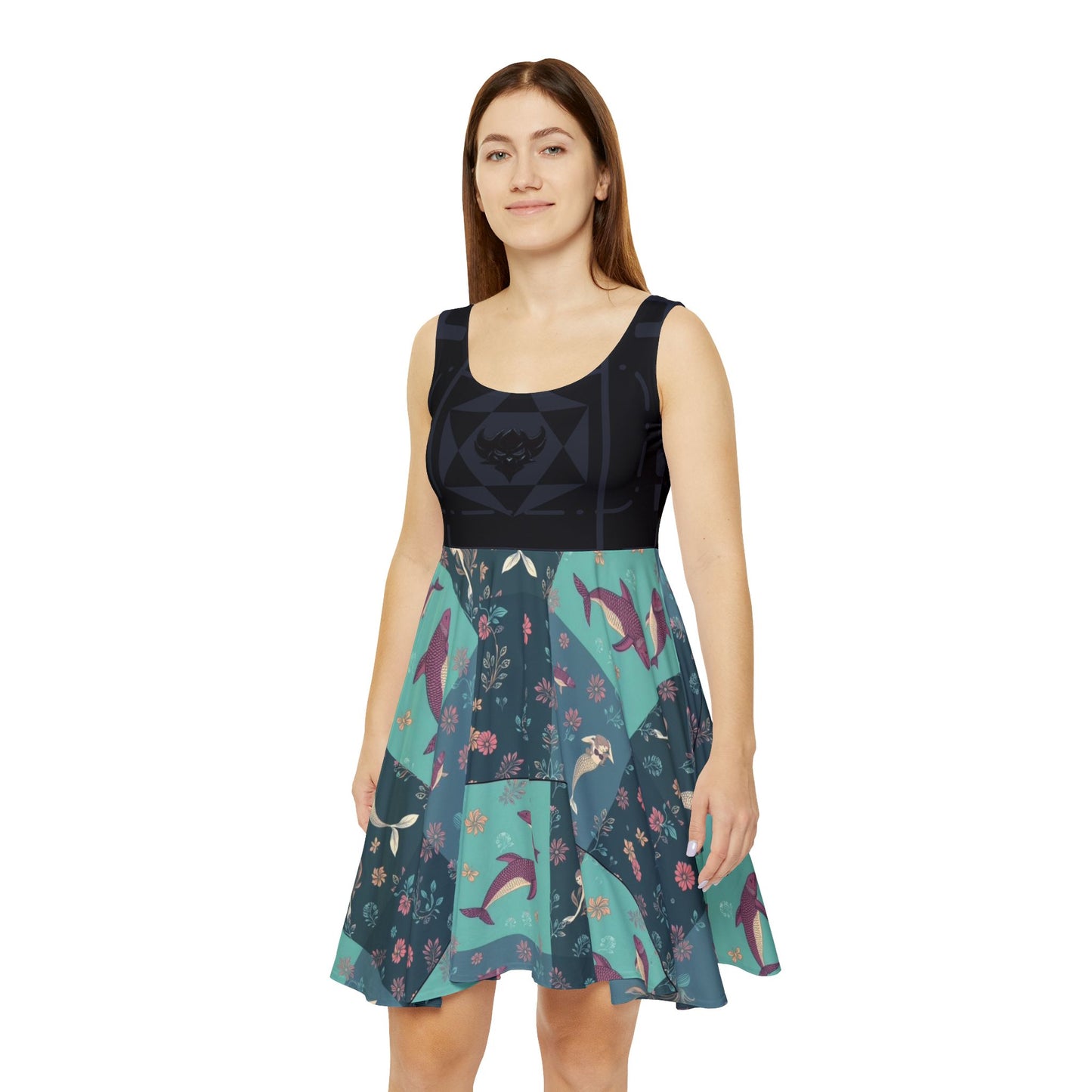 Mermaid & Sea Bird Floral Skater Dress — Teal Patchwork