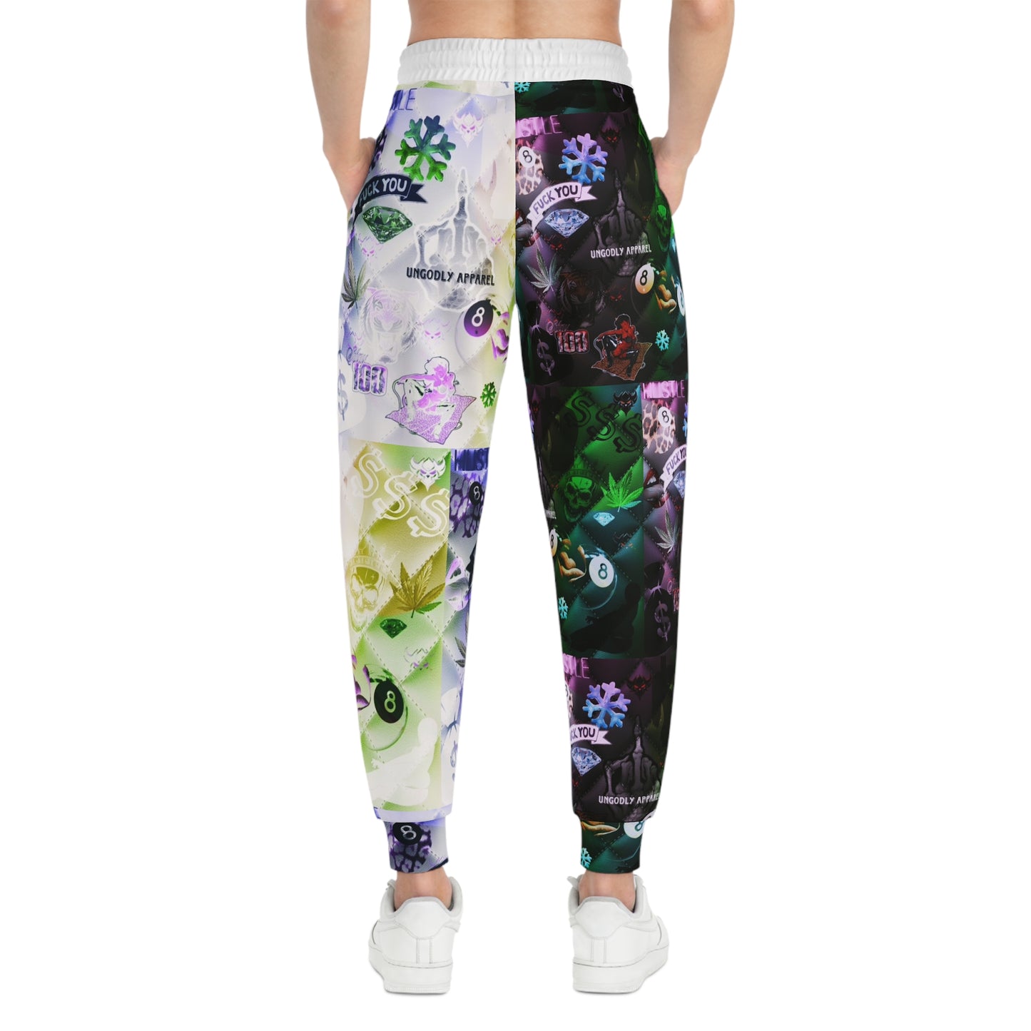 "Ungodly Vices" Graphic All-Over Print Joggers — Neon Patchwork Streetwear