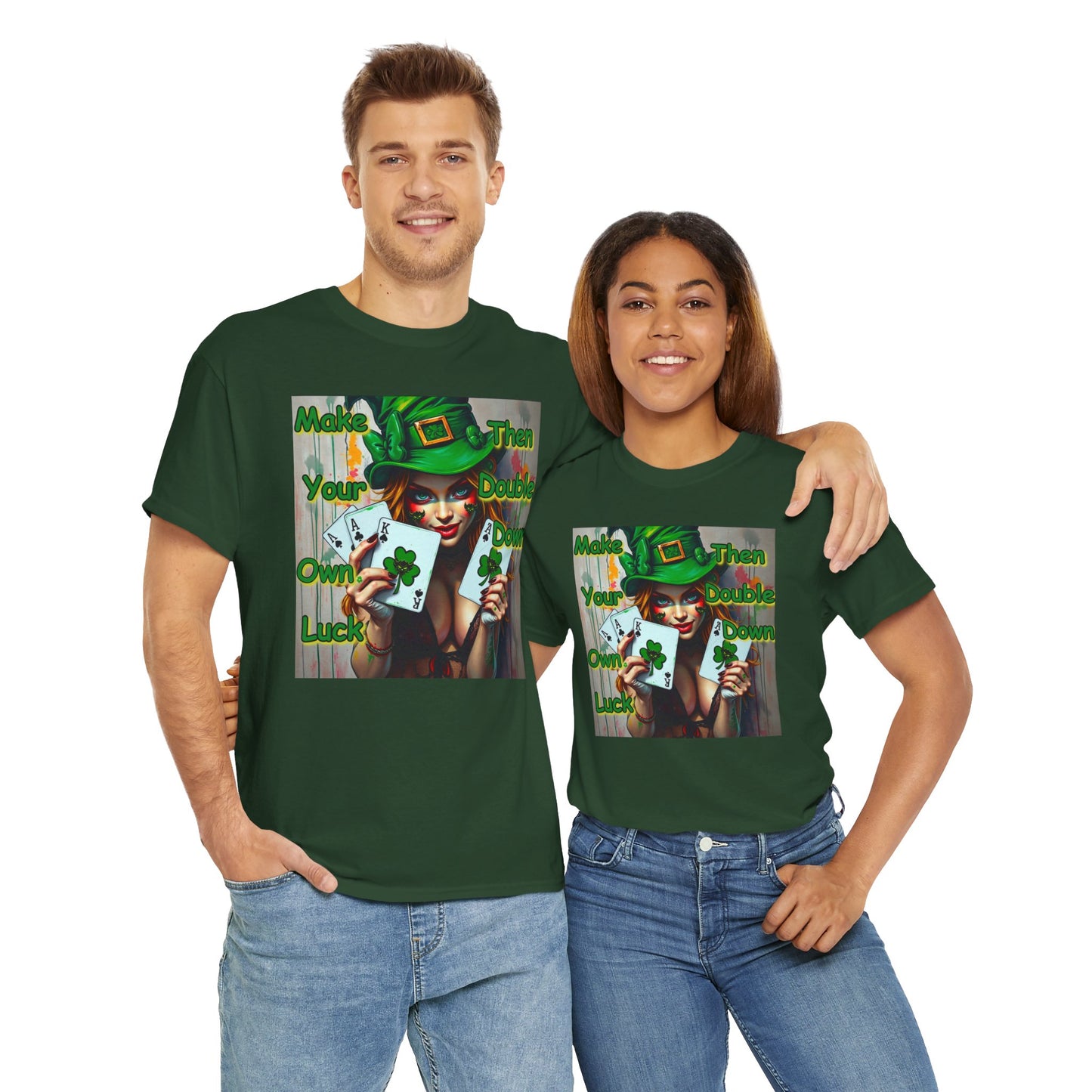 St. Patrick's Day Unisex Heavy Cotton Tee - "Make Your Own Luck Then Double Down" Fun Graphic Tee