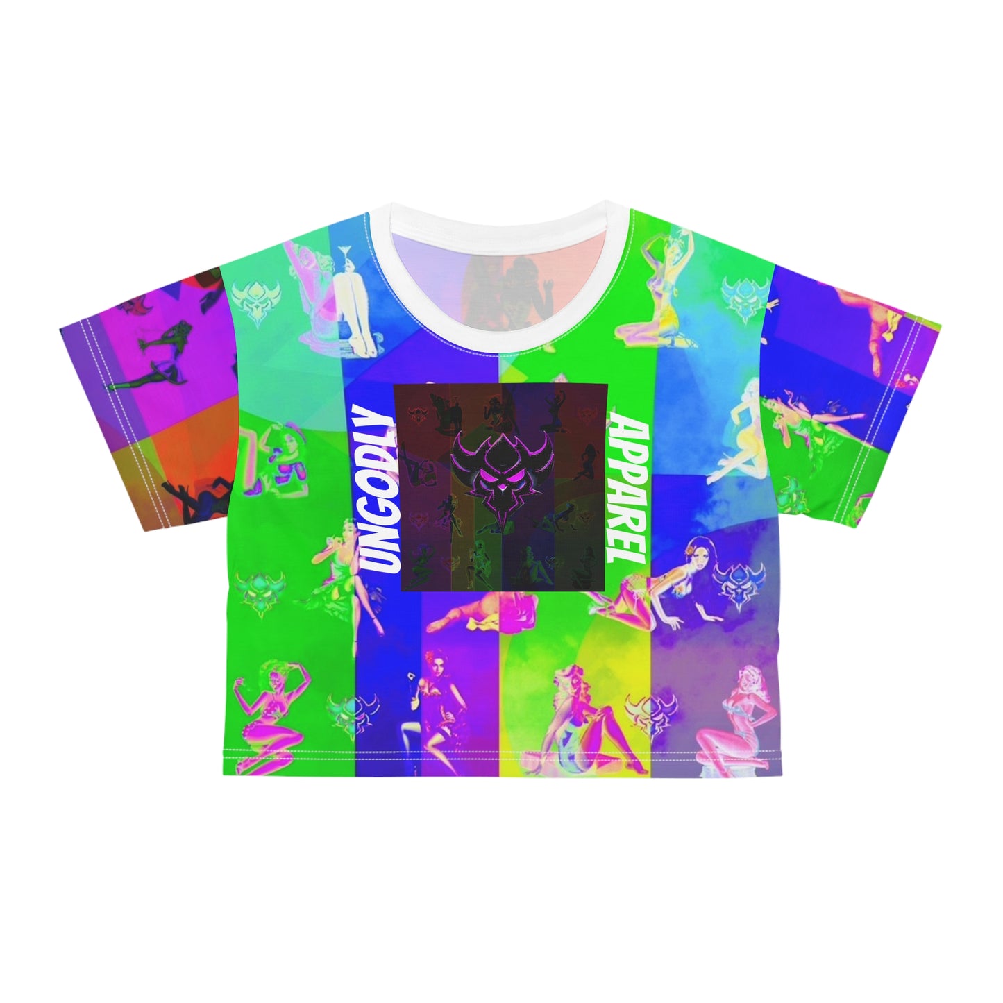 Neon Pop Pin-Up Crop Tee — Retro Dancer All-Over Print
