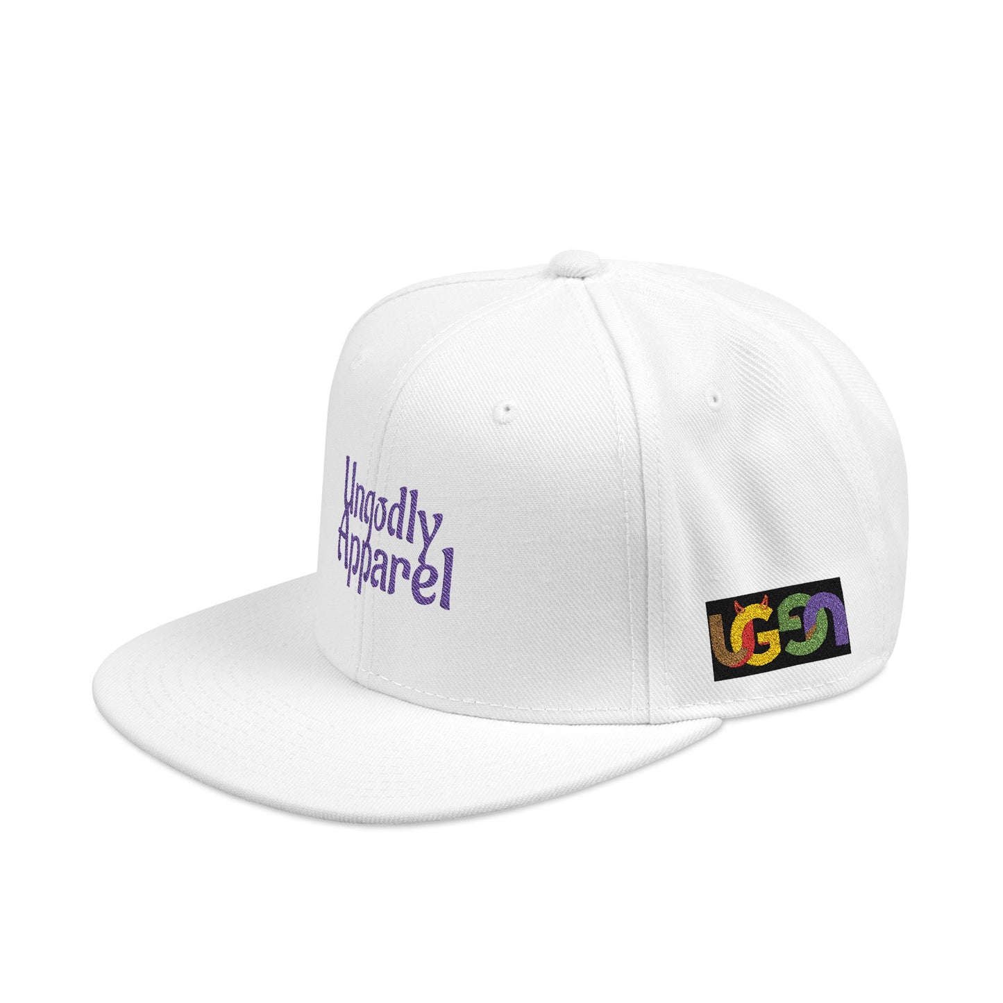 Embroidered Snapback Hat — 'Ungodly Apparel' Purple Script