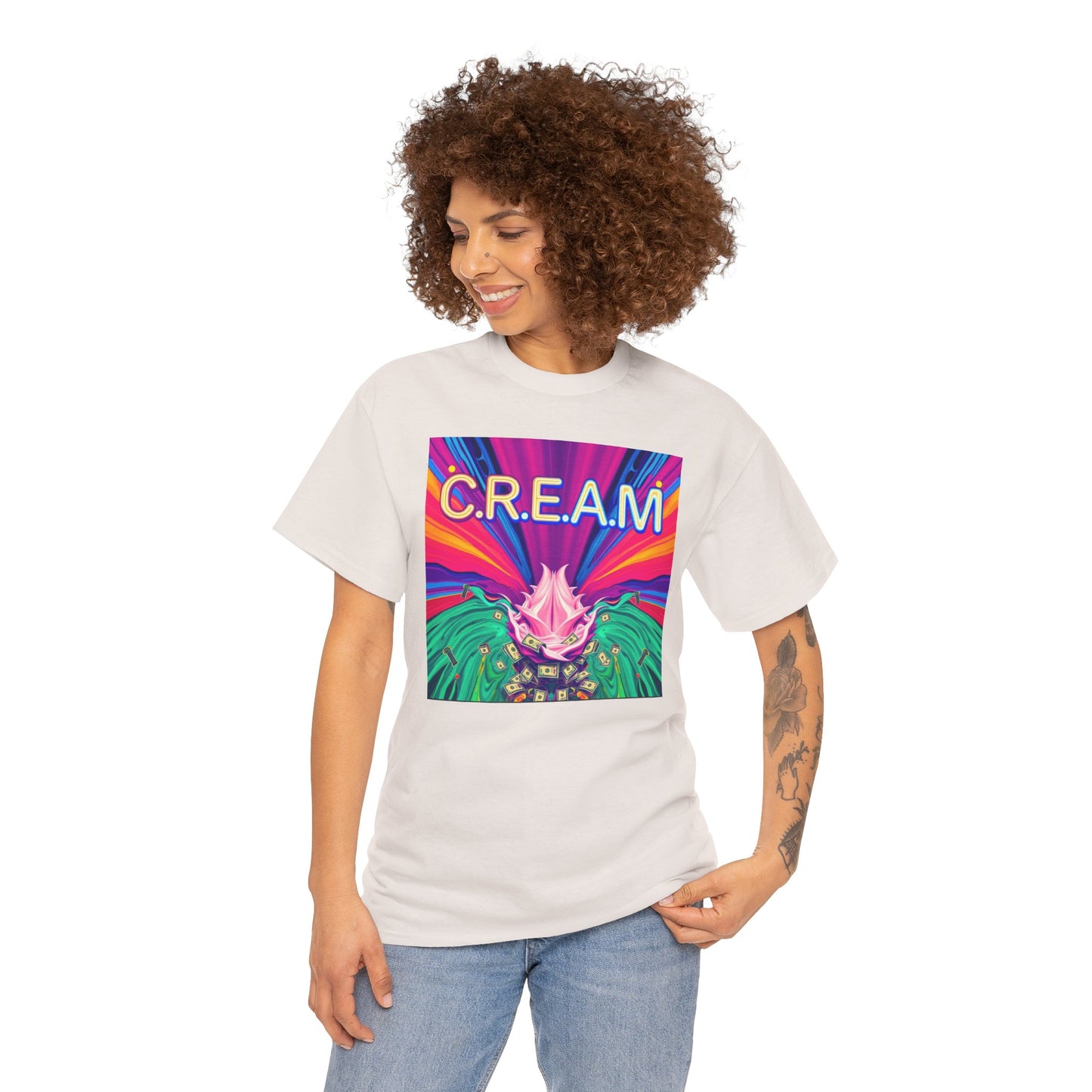 C.R.E.A.M. Unisex Heavy Cotton Tee, Colorful Graphic Shirt, Casual Wear, Music Festival Tee, Gift for Art Lovers