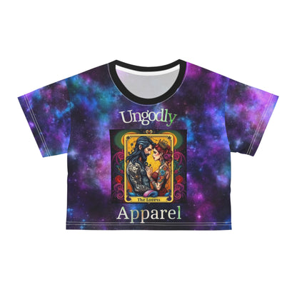 Tarot Lovers Galaxy Crop Tee — "Ungodly Apparel" Cosmic Tarot Graphic