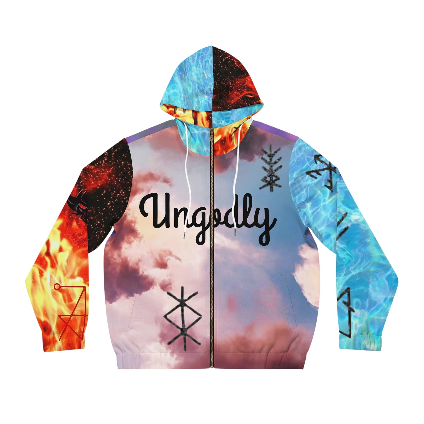 Unisex Full‑Zip Hoodie — ‘Ungodly / Protect Yourself’ Earth, Wind, Fire, and Water. Protection and attraction symbols