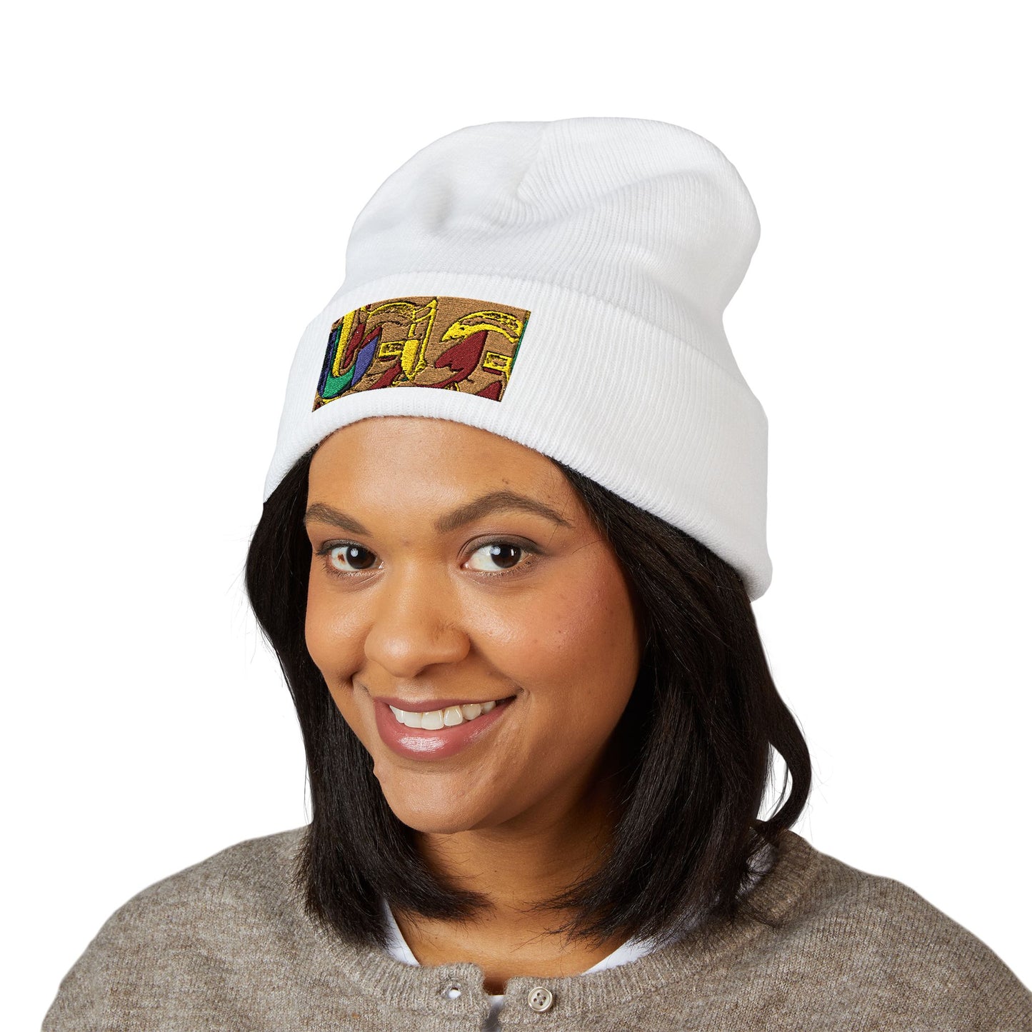 Gold Ungodly Pattern Embroidered Colorblock Abstract Cuffed Beanie