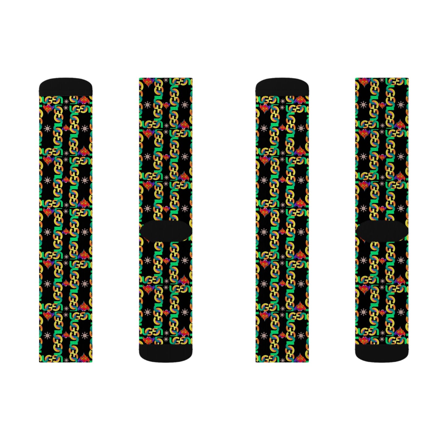 Rasta Ungodly Chain Pattern Sublimation Socks — Black Crew Socks with Red, Yellow & Green Chain Print