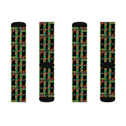 Rasta Ungodly Chain Pattern Sublimation Socks — Black Crew Socks with Red, Yellow & Green Chain Print