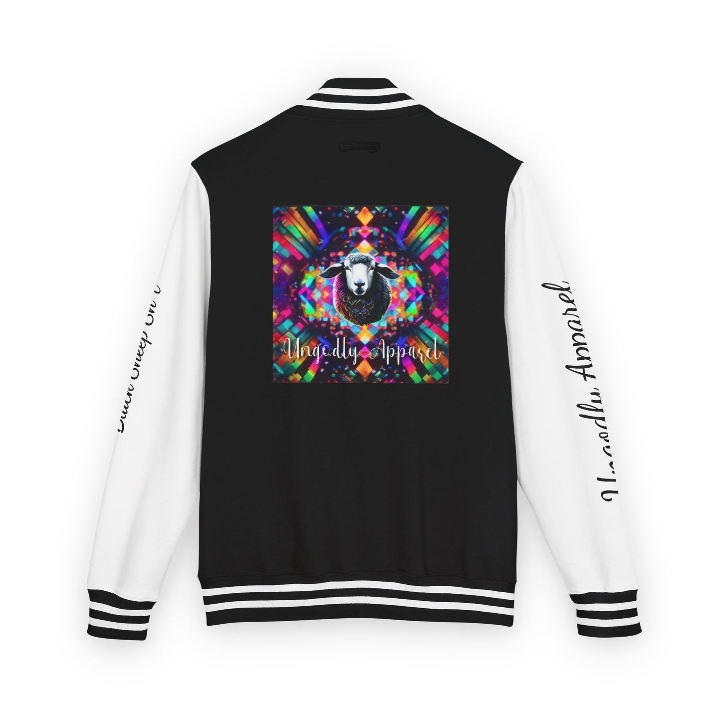 Letterman Jacket — Pink Kaleidoscope "Black Sheep of the Family"  Design with 'Ungodly Apparel' Sleeve Text