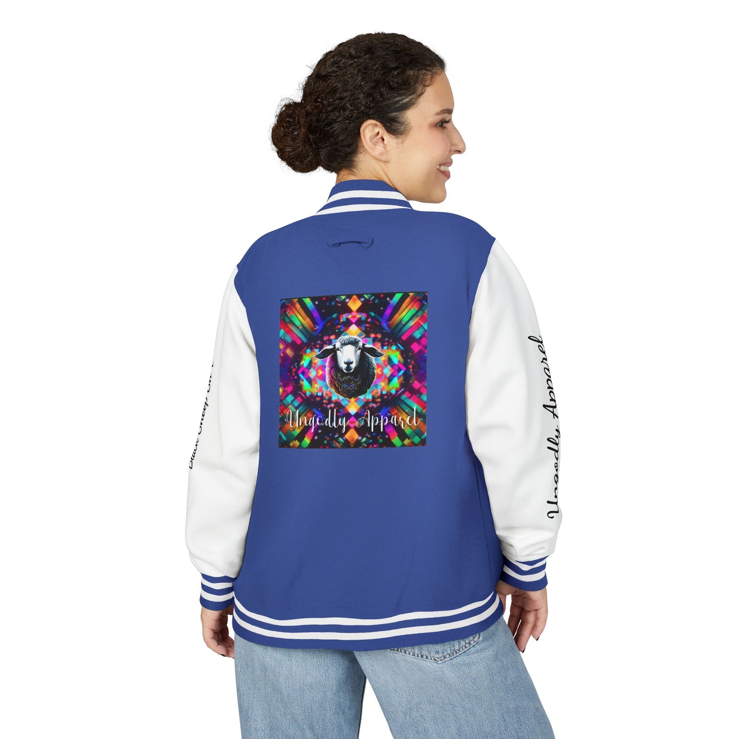 Letterman Jacket — Pink Kaleidoscope "Black Sheep of the Family"  Design with 'Ungodly Apparel' Sleeve Text