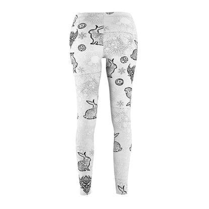 Snow Bunny Pattern Leggings — Women's Spring Floral & Bunny Printed Leggings