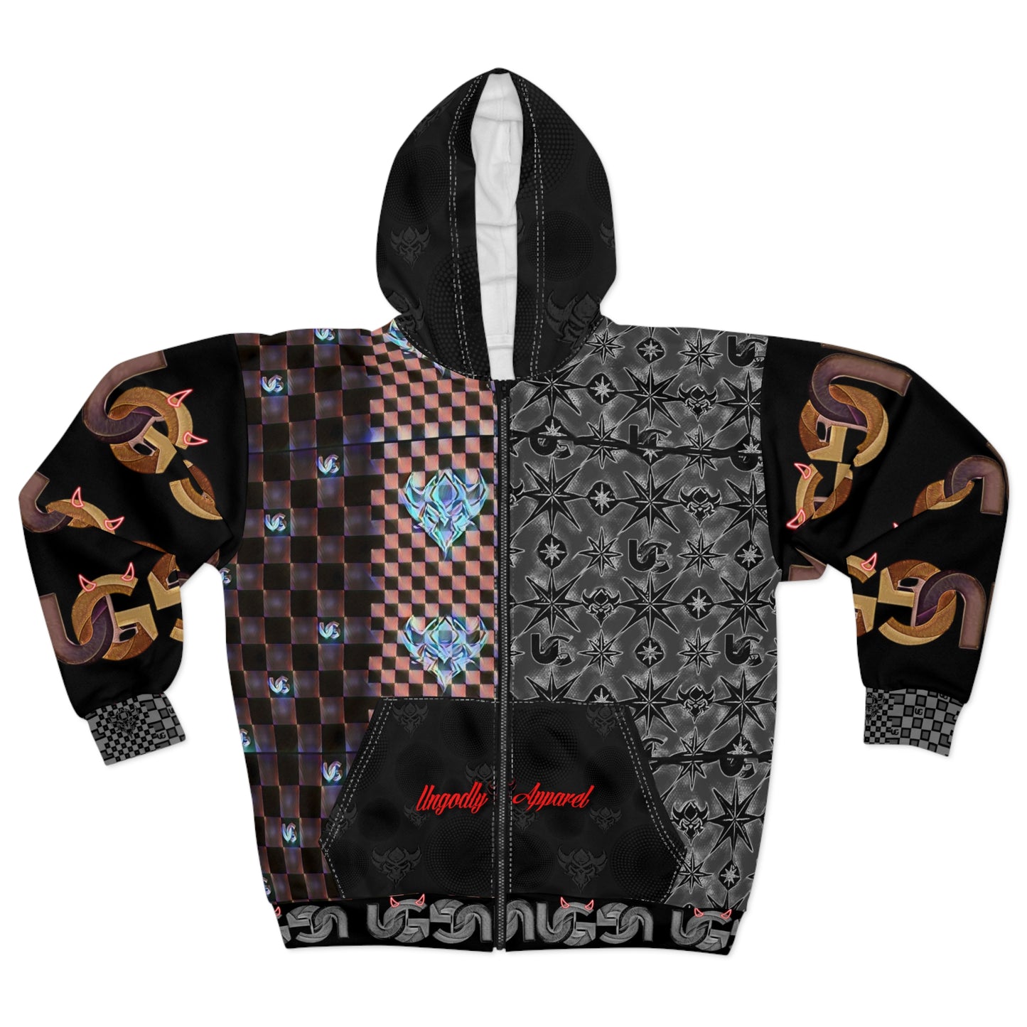 Ungodly Apparel Patterns Checkerboard Gothic Zip Hoodie — Patchwork Heart & Chain Graphic