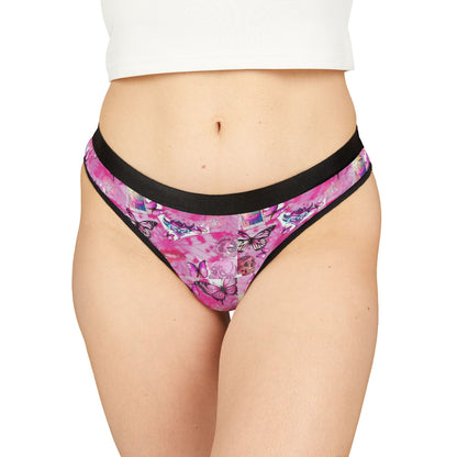 Pink Butterfly Print Women's Thong — Floral AOP Lingerie