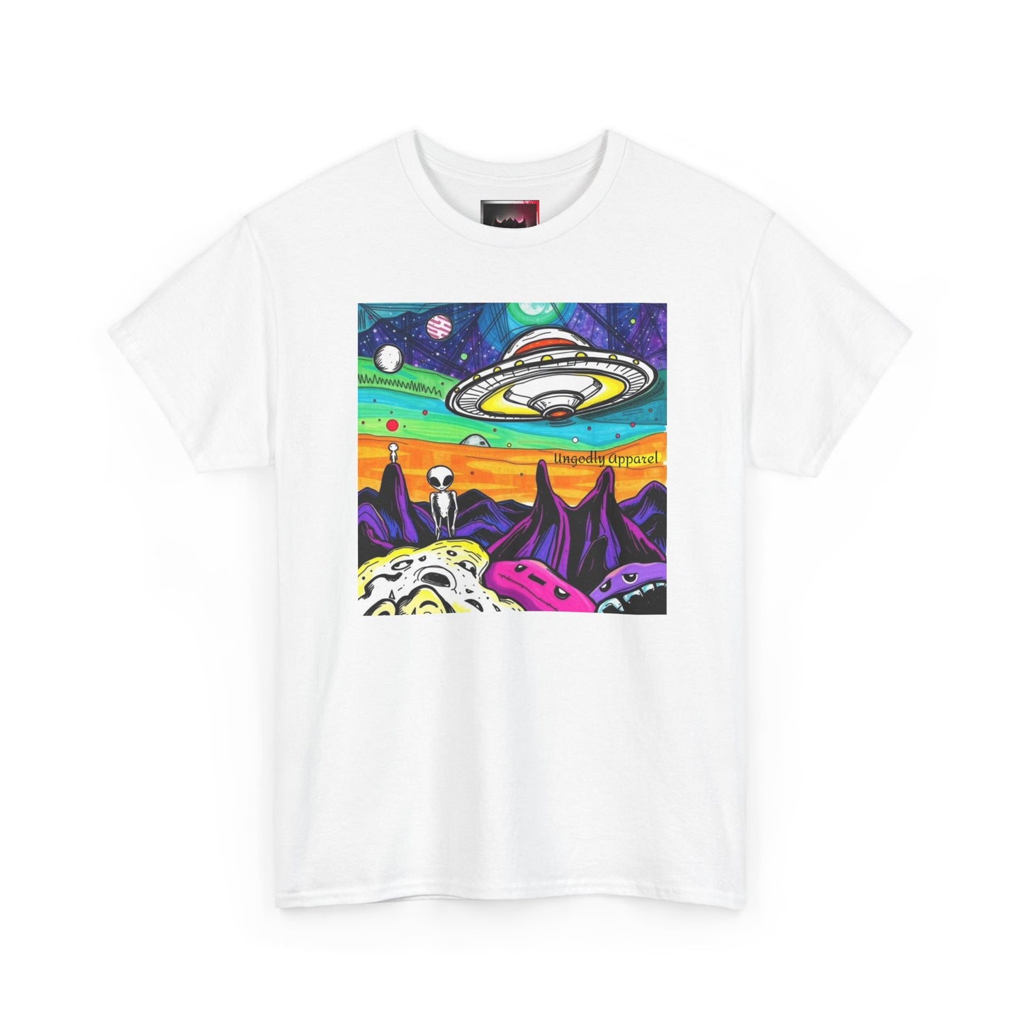UFO Retro Alien Landscape T-Shirt — Colorful Space Art Tee