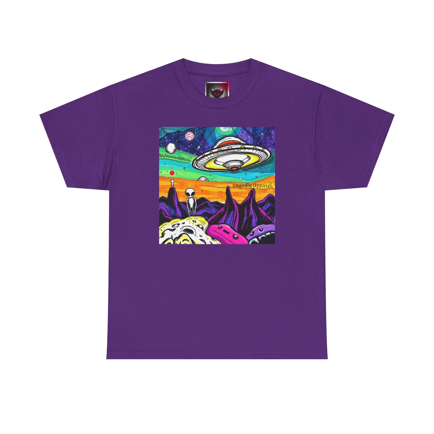 UFO Retro Alien Landscape T-Shirt — Colorful Space Art Tee