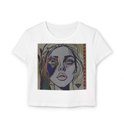 Abstract OK Symbol 666 Portrait Women's Baby Tee - Modern Line Art Face Graphic Crop Top