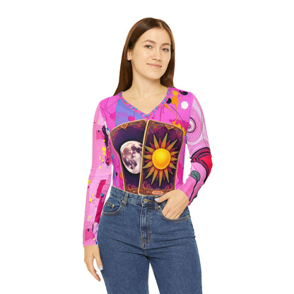 Tarot Sun & Moon V‑Neck Long Sleeve — Women's Mystic Graphic Shirt