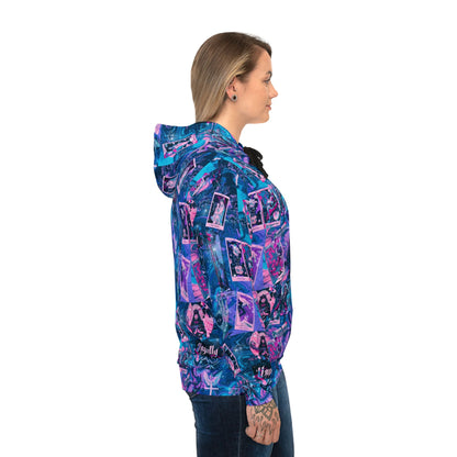 "Ungodly Tarot" All-Over Print Retro Collage Athletic Unisex Hoodie — Neon Purple & Teal Streetwear