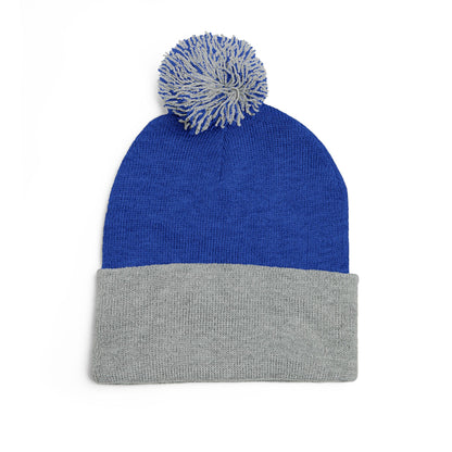 Blue and Gray Pom-Pom Knit Cap with Embroidered “UN” Design