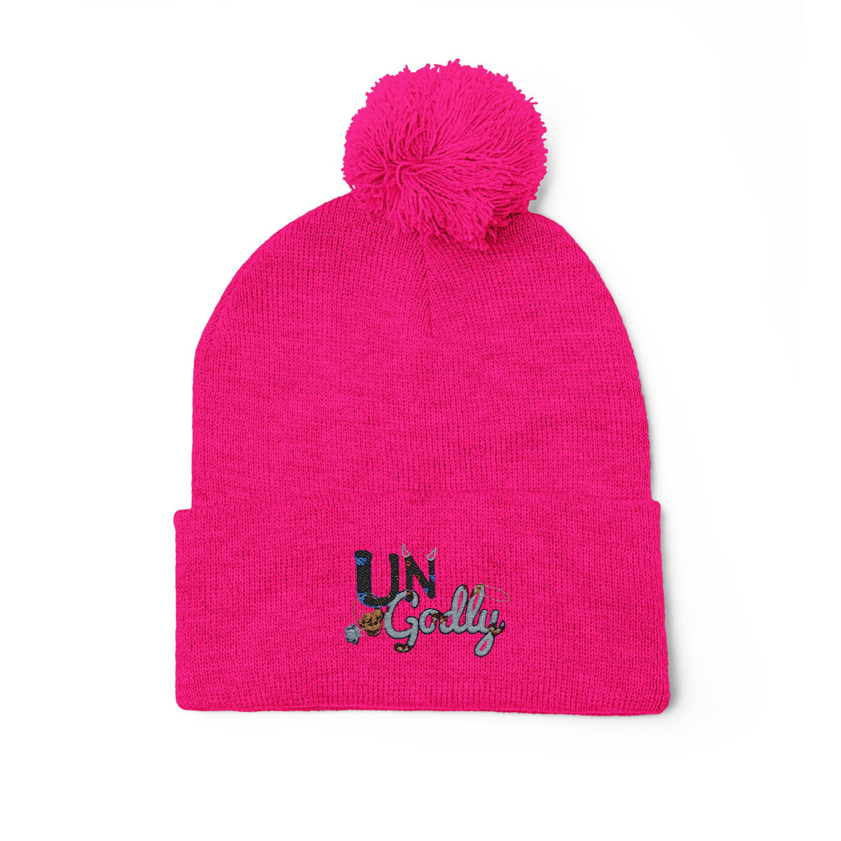 Blue and Gray Pom-Pom Knit Cap with Embroidered “UN” Design