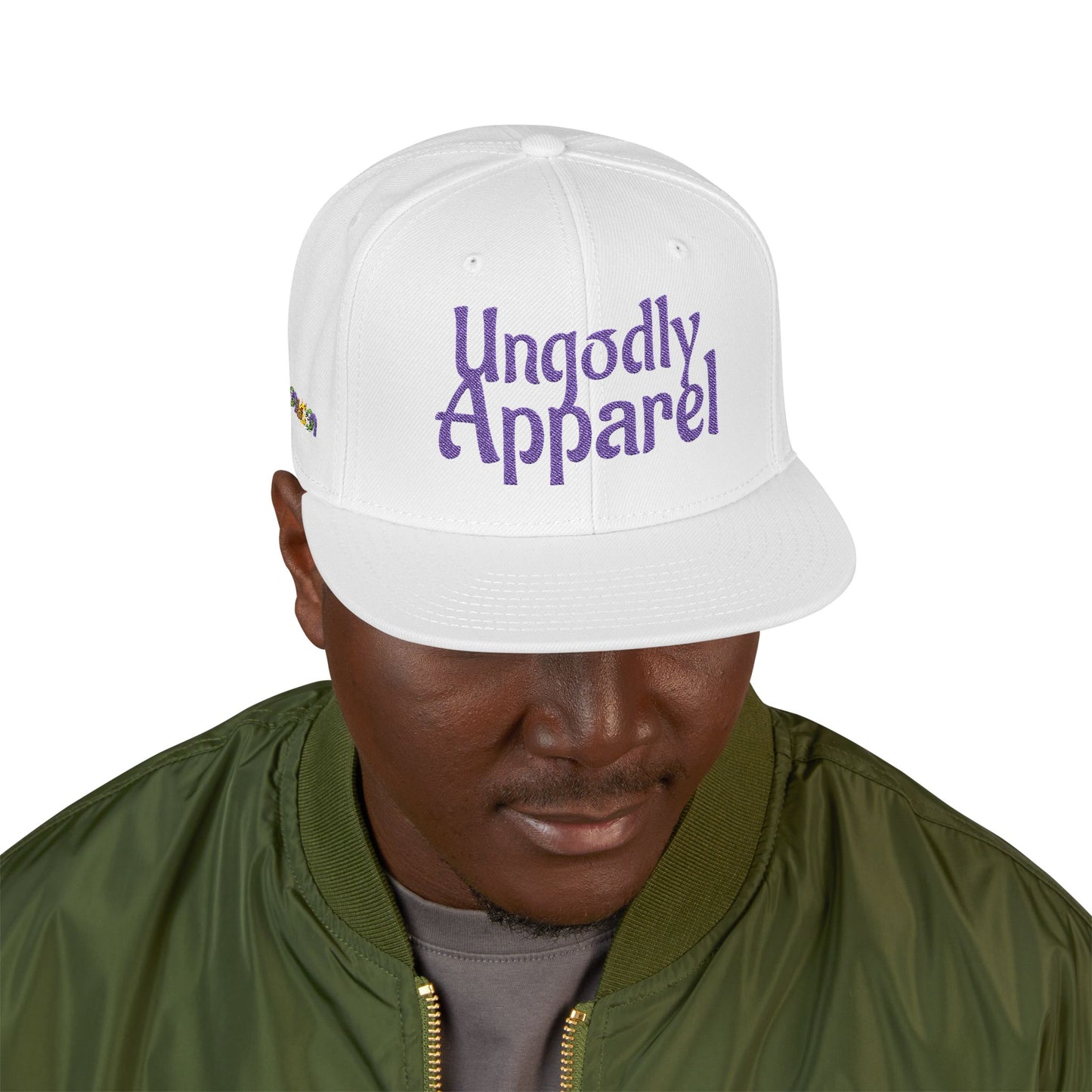 Embroidered Snapback Hat — 'Ungodly Apparel' Purple Script