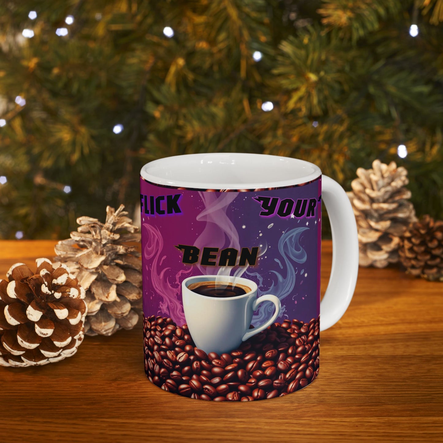 Coffee Lover Mug — "Flick your Bean" Colorful Steam & Coffee Beans Ceramic Mug (11oz/15oz)