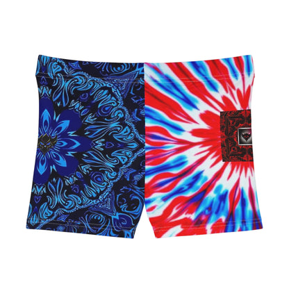"Ungodly Patriotic" Vibrant Tie-Dye Women's Shorts, Bohemian Beachwear, Summer Activewear, Festival Outfit, Colorful Yoga Shorts
