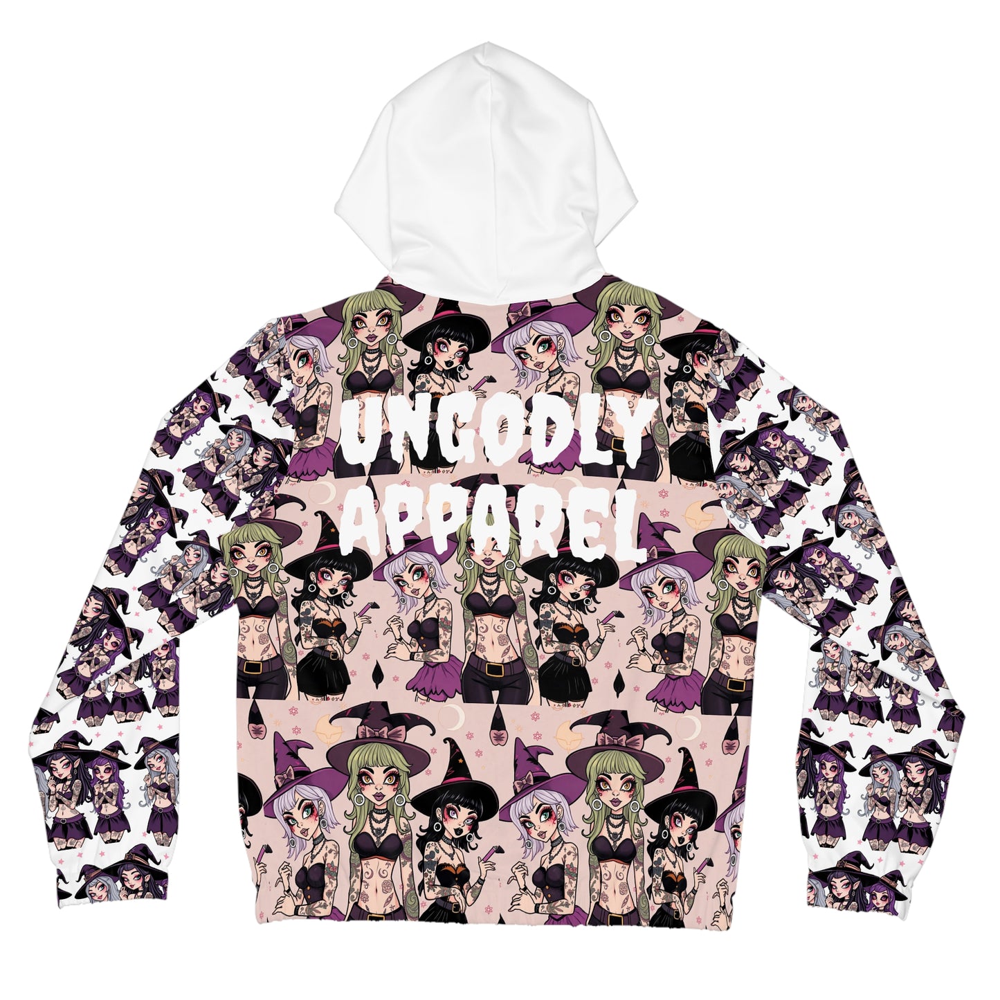 "Ungodly Apparel Witchy Wear" Gothic Witchy Full-Zip Hoodie for Women, Halloween Fashion, Witch Costume, Gift for Her, Trendy Hooded Sweatshirt